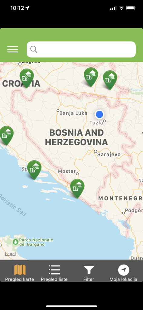 OTP m-business HR - Mobile app screen displaying a map with OTP bank branch and ATM locations