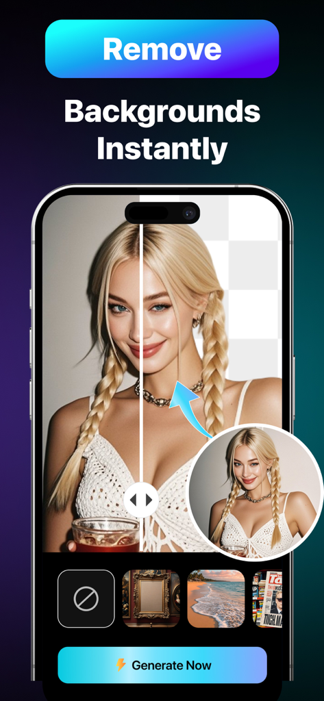 Artifex AI - AI photo Editor - Artifex AI App-Oberfläche, die die sofortige Hintergrundentfernungsfunktion auf einem Porträtfoto zeigt