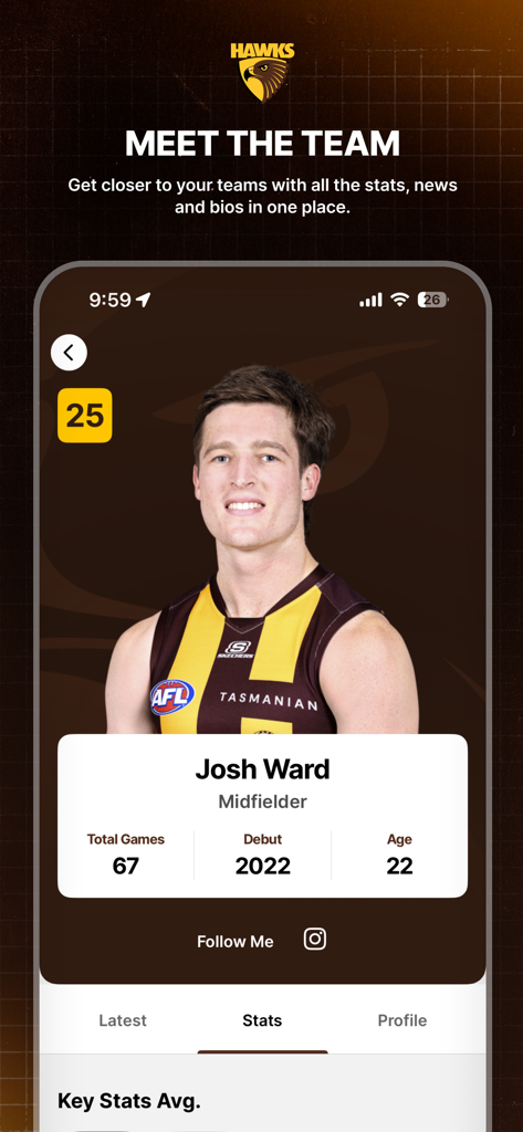 Una pantalla de perfil de jugador de la App Oficial de Hawthorn que muestra las estadísticas y biografía de Josh Ward