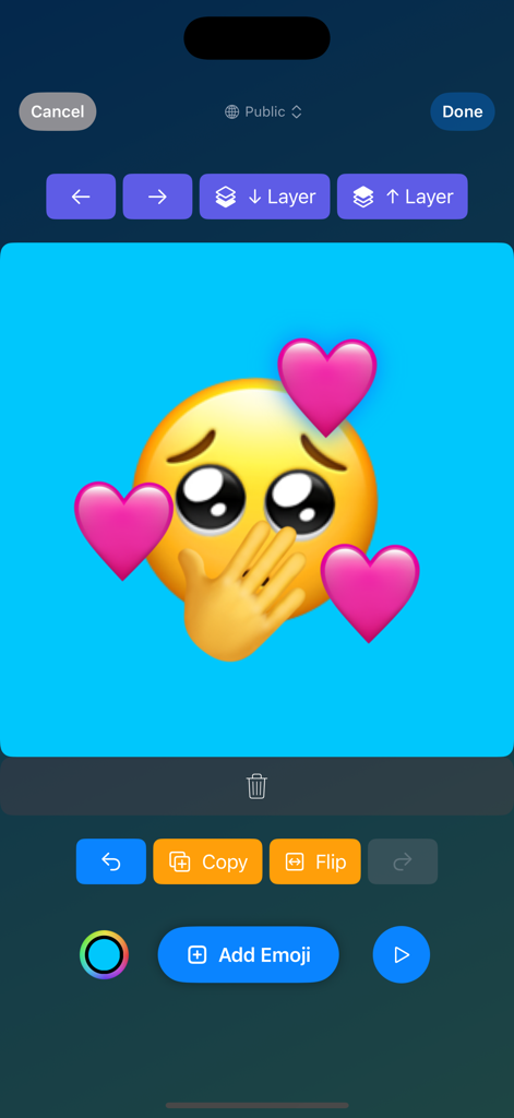 Interfaz del editor de Gemoji que muestra un emoji personalizado con corazones rosas y herramientas de superposición.