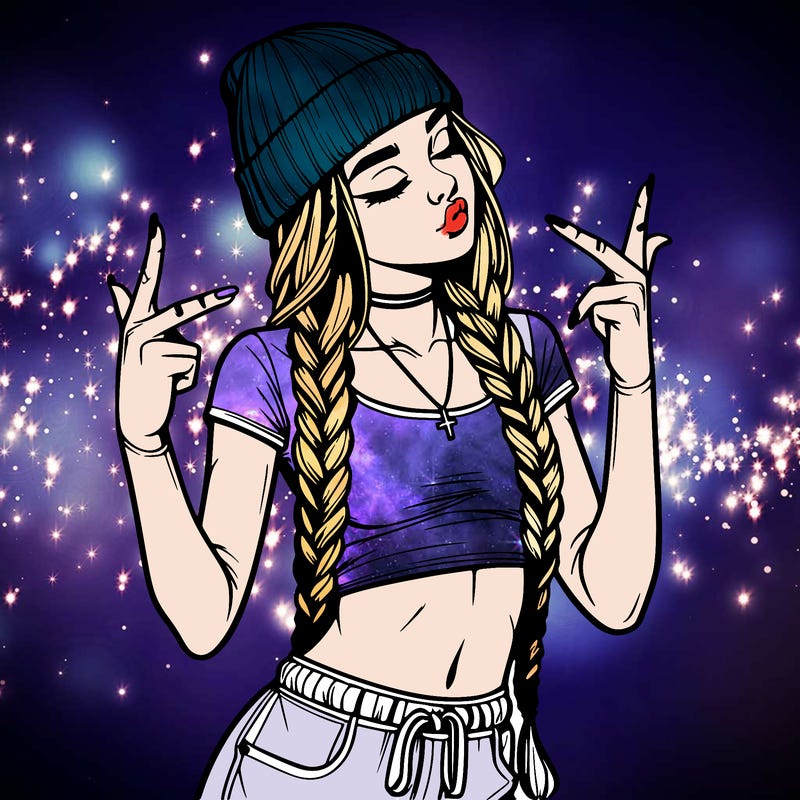 realistic teenage girl with braids and a beanie and crop top doing 🫶🏼