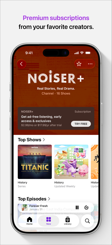 Apple Podcasts interface displaying premium subscriptions and top shows.