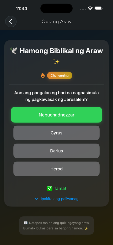 Tagalog Bible – Audio Offline - Pantalla del cuestionario diario de la aplicación de la Biblia Tagala con una pregunta bíblica y la respuesta correcta.