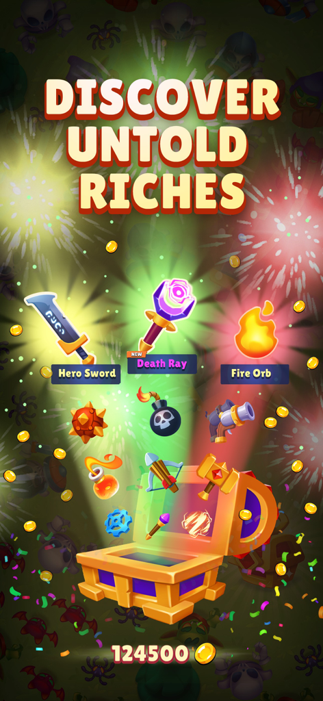 Heroes vs Hordes: Survival RPG - A glowing golden treasure chest opening to reveal powerful weapons and items like the Hero Sword and Death Ray in Heroes vs Hordes Survival RPG.