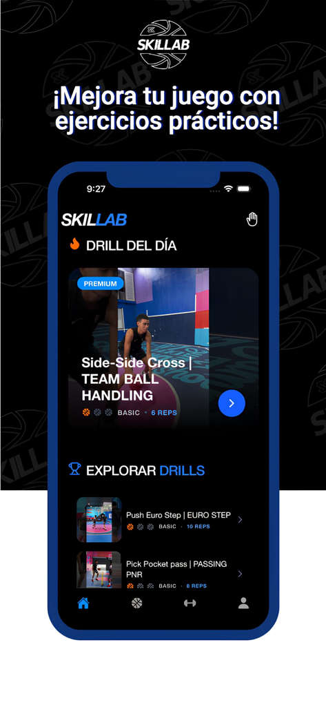 SKILLAB - SKILLAB app interface showcasing basketball drills including ball handling and euro step training exercises
