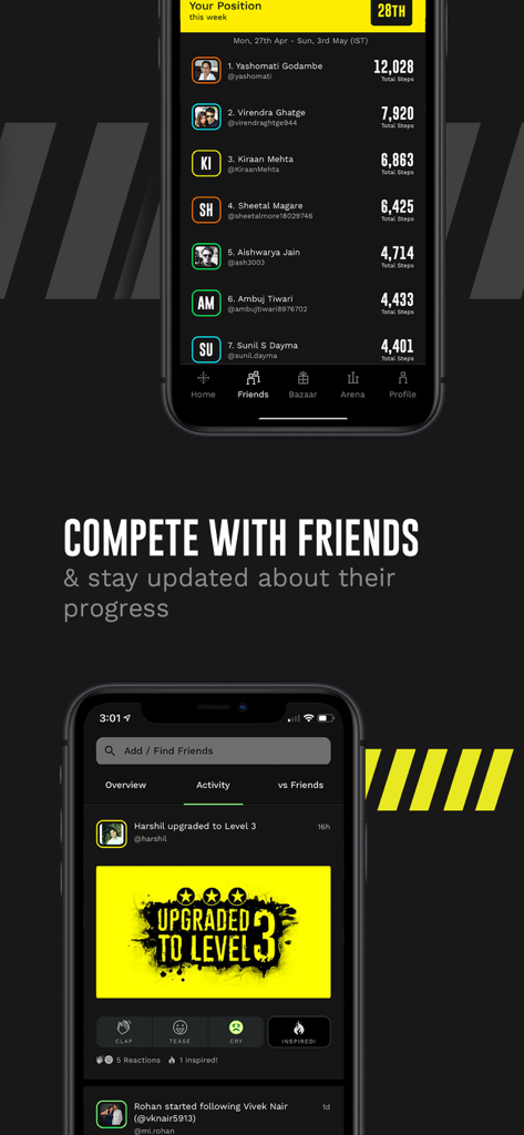 StepSetGo: Step Into Rewards - Two mobile screens of the StepSetGo app showing a weekly step leaderboard and a social activity feed with a level upgrade achievement.