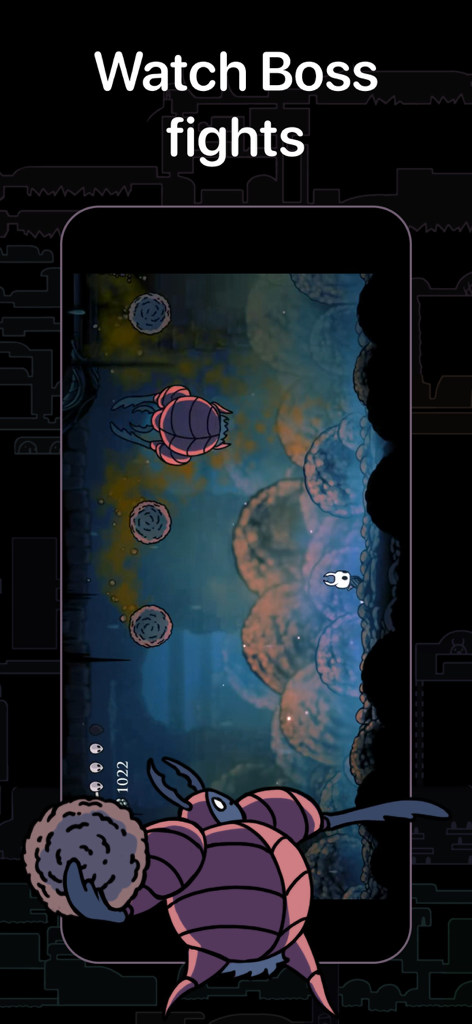 Mobile app screen showing a Hollow Knight boss fight video