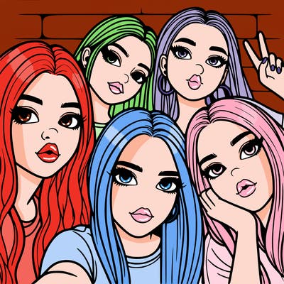 group of teen girls friends y2k up close in a selfie