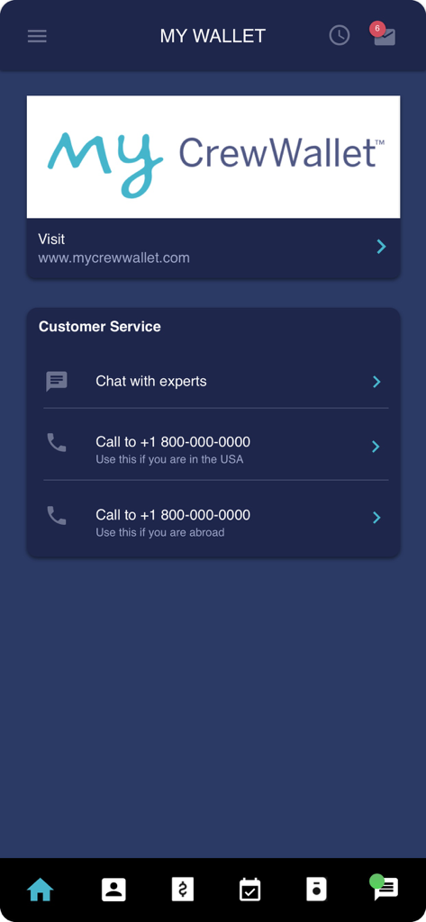 The Apollo Group - CrewApp - My Wallet screen of The Apollo Group CrewApp showing customer service contact options for maritime employees.