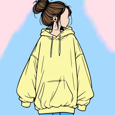 realistic girl with a oversized sweatshirt on and a bun