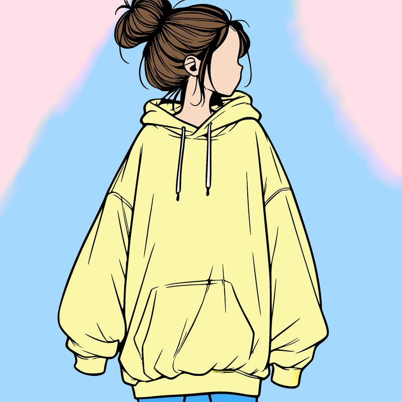 realistic girl with a oversized sweatshirt on and a bun