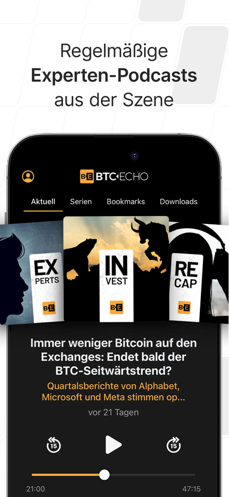 BTC-ECHO Bitcoin & Krypto News - BTC-ECHO mobile app interface showing various cryptocurrency podcasts including Experts, Invest, and Recap formats.