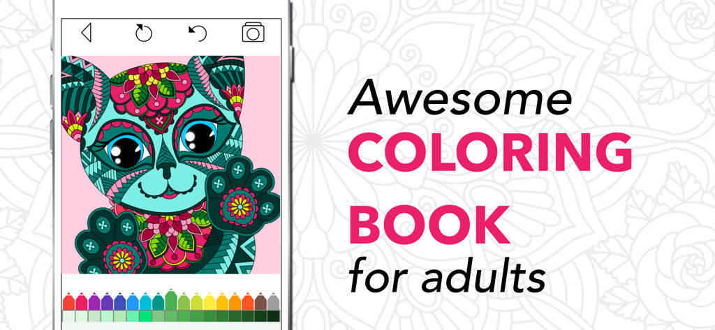 Coloring Book for Adults + - Digital coloring book app for adults featuring a colorful cat mandala illustration