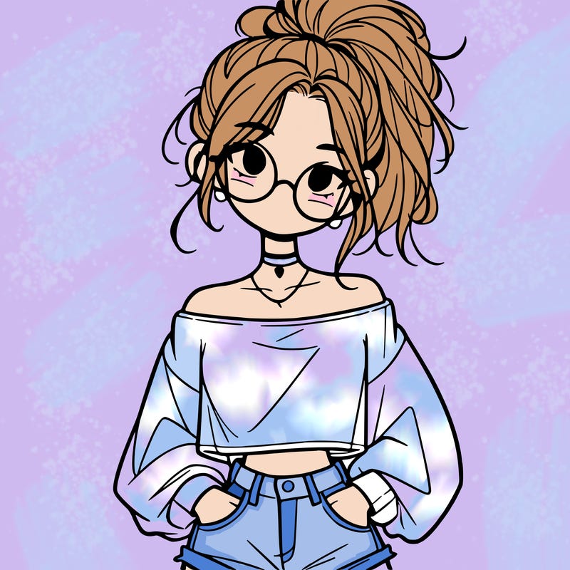 girl with a messy ponytail glasses a baggy crop top and jean shorts