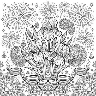 Immerse yourself in the vibrant spirit of Diwali with this unique coloring page, blending the delicate beauty of pink irises with traditional festive elements. Enjoy coloring intricate fireworks, glowing diyas, and detailed rangoli patterns for a truly enchanting experience.