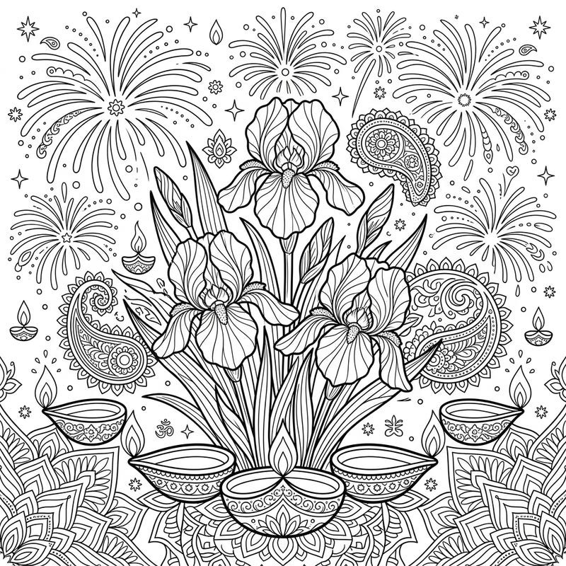 Immerse yourself in the vibrant spirit of Diwali with this unique coloring page, blending the delicate beauty of pink irises with traditional festive elements. Enjoy coloring intricate fireworks, glowing diyas, and detailed rangoli patterns for a truly enchanting experience.
