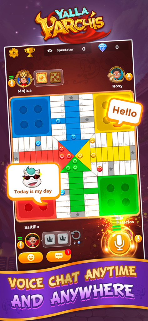 Yalla Parchis - A gameplay screenshot of Yalla Parchis showing a classic board game with real-time voice chat and social interaction features.