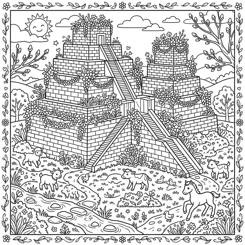 Discover a magical world where ancient ziggurats meet the beauty of spring! This delightful coloring page features magnificent stepped temples surrounded by frolicking baby animals, lush greenery, and abundant blossoms.