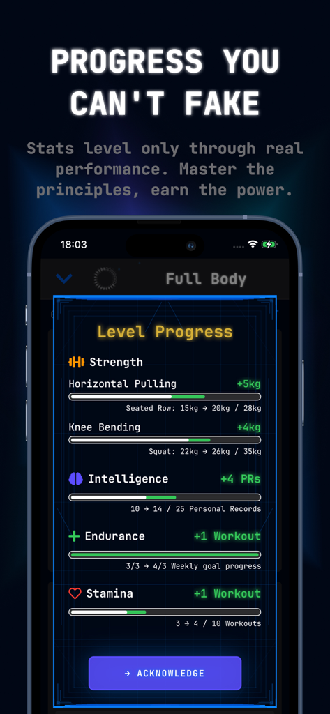 Ascend Gym Workout Tracker Log - Ascend gym app screenshot showing RPG style level progress for strength intelligence endurance and stamina