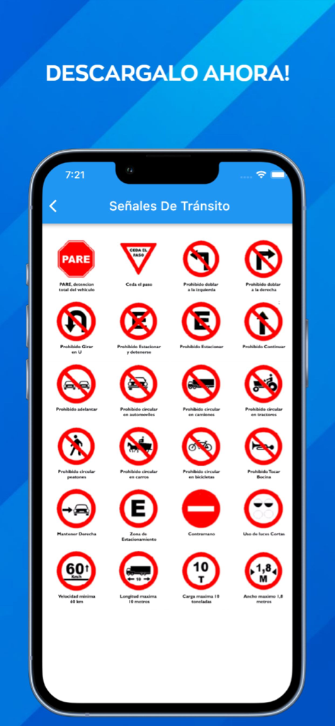 ConducirTest - Mobile screen showing traffic signs in Spanish from the ConducirTest app