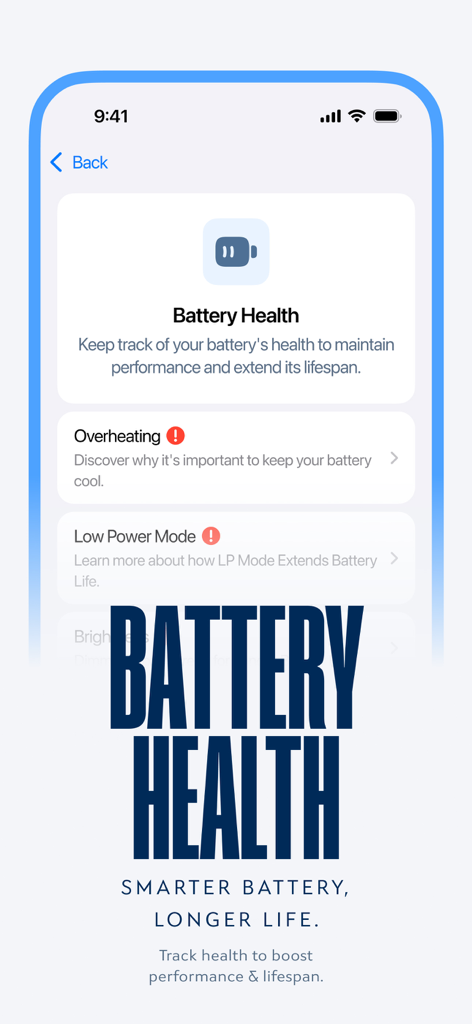 Écran de l'application Secura montrant la surveillance de l'état de la batterie et des conseils de performance