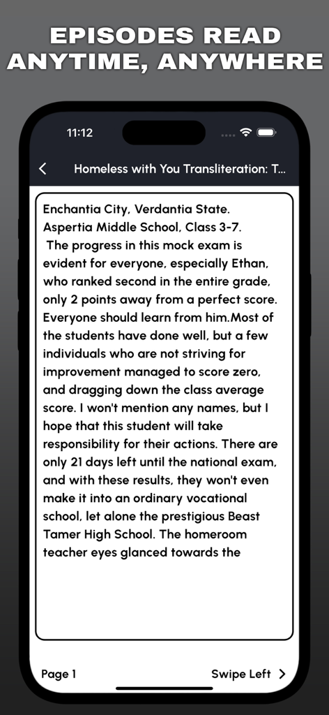 AniVerse: online Anime - AniVerse app reader interface showing a story page on an iPhone screen