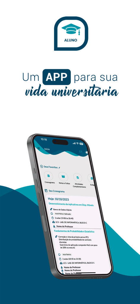 Schoolnet Aluno - Aplicativo Schoolnet Aluno exibindo o cronograma de um estudante universitário e painel acadêmico