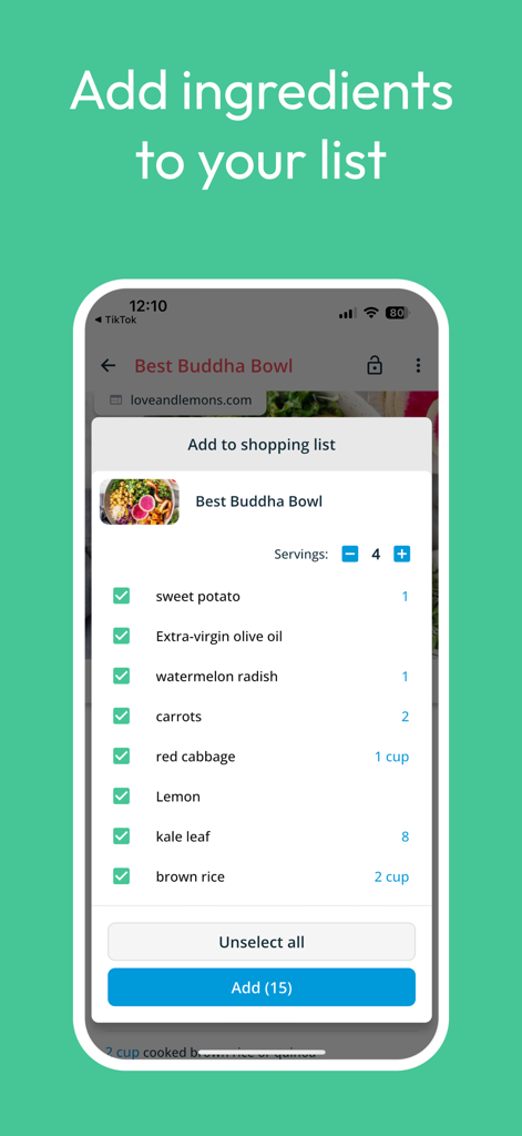 Stashcook mobile app interface for adding ingredients from a recipe to a shopping list.
