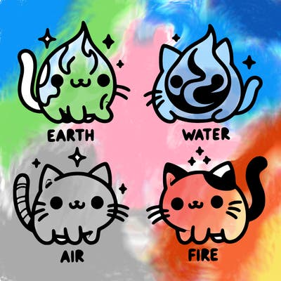 4 cats that represent the different elements, earth, water, air, and fire