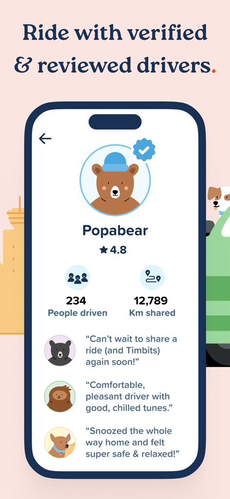 Poparide mobile app screen showing a verified driver profile with ratings and community feedback