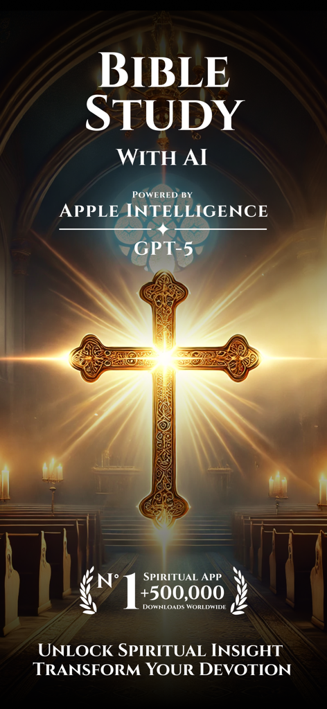 Bible Chat with AI - A glowing golden cross in a church chapel representing the Bible Study with AI app