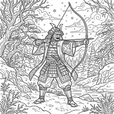 Step into a breathtaking winter landscape where a skilled Archery Samurai stands ready. This intricate coloring page invites you to bring a scene of ancient Japanese tradition and frosty beauty to life.