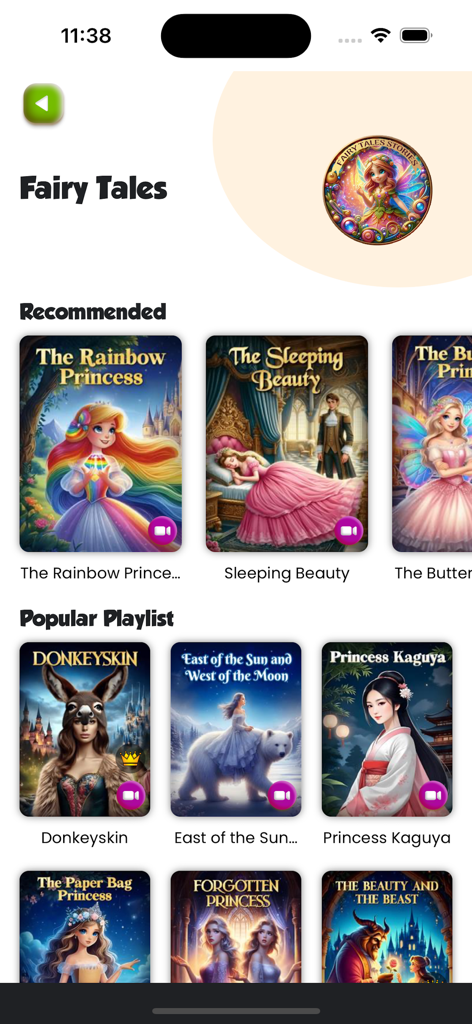 Bedtime Stories for Kids Kiddo - Una vista de biblioteca de cuentos de hadas en la aplicación Kiddo con títulos como La Bella Durmiente y la Princesa Kaguya