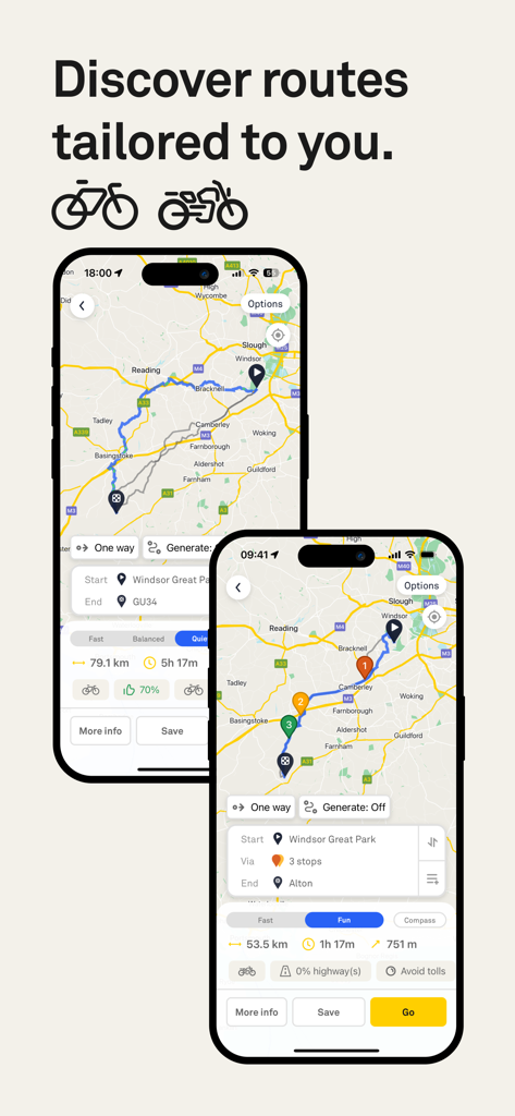 Interfaz de la aplicación Beeline que muestra rutas personalizadas para bicicletas y motocicletas en un mapa con opciones de rutas tranquilas y divertidas