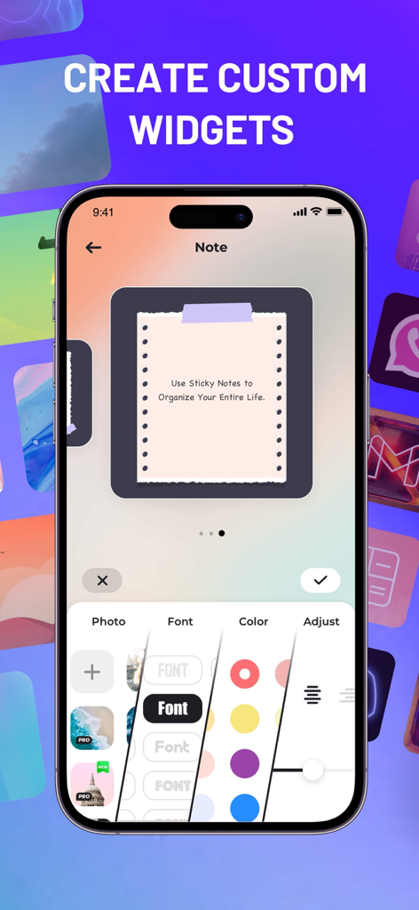 A smartphone screen showing the customization of a sticky note widget with photo font and color options