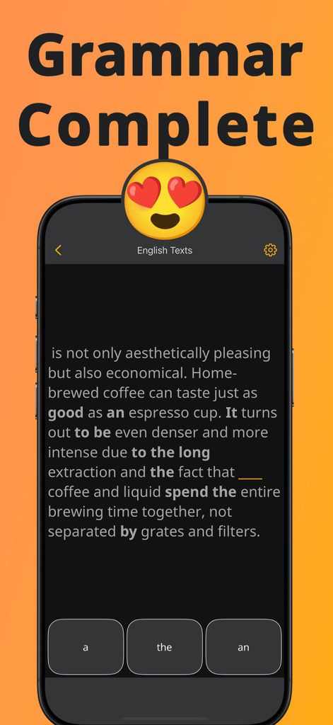 Perfect English Grammar - Un ejercicio de lectura y gramática en la interfaz de la aplicación Perfect English Grammar que muestra un párrafo sobre café con una tarea de completar espacios en blanco para artículos.
