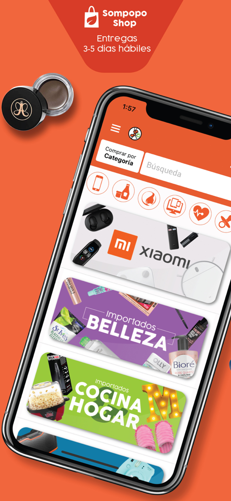 Sompopo Shop mobile app interface displaying imported beauty and home kitchen product categories in Spanish.