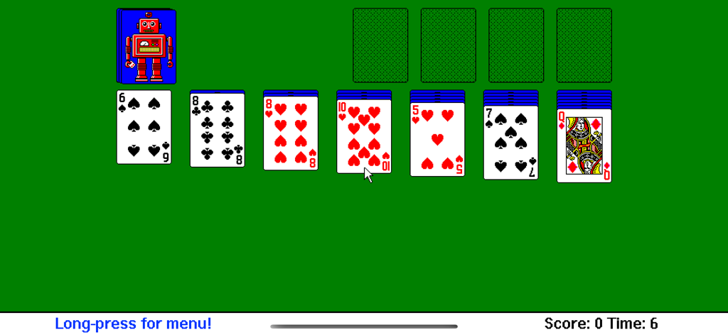 Gameplay of SOL EXE Retro Solitaire showing 90s style pixel art and classic card layout