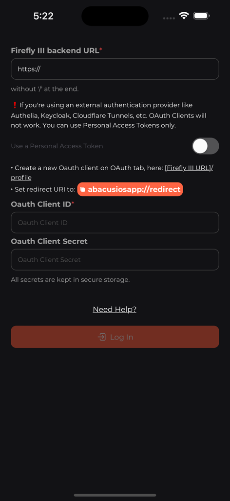 Abacus for Firefly III - Abacus for Firefly III login screen for configuring the backend URL and OAuth credentials