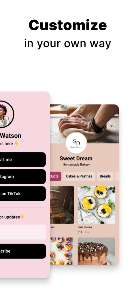 Link In Bio Websites - Mssg.me - Two examples of customized mobile websites for a creator and a bakery