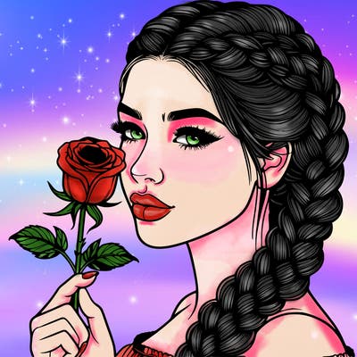 realistic woman with braids holding a single rose