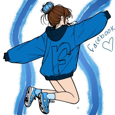 realistic girl jumping with a bun and oversized sweatshirt