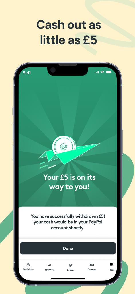 Earn Money & Rewards: Prograd - Prograd app screen confirming a successful five pound withdrawal to a PayPal account
