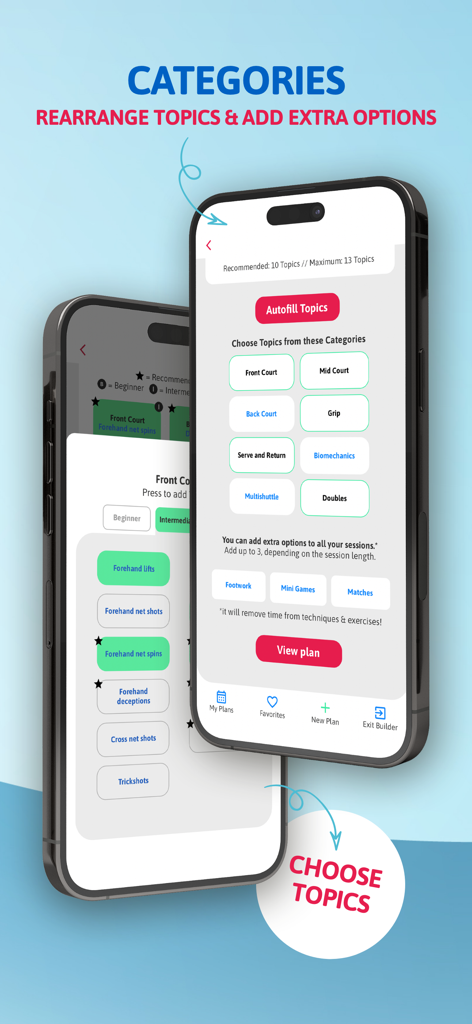 Smartphone-Bildschirme, die den Badminton-Trainingsplan-Builder mit Kategorien wie Vorfeld und spezifischen Übungsthemen zeigen.
