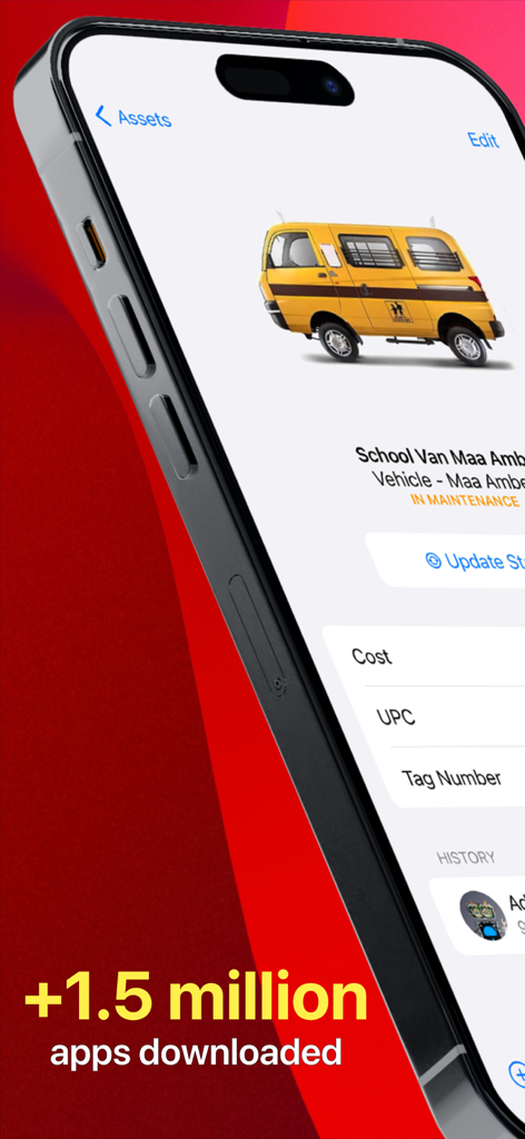 Asset Tracker for Business - Screenshot der mobilen App Asset Tracker for Business, der einen Schulbus im Wartungszustand zeigt