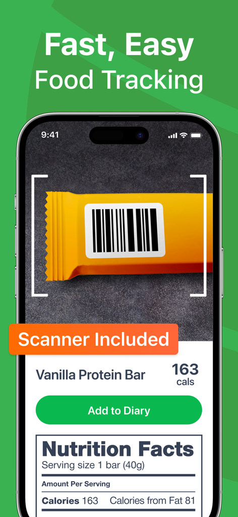 Calorie Counter PRO MyNetDiary - MyNetDiary app barcode scanner scanning a protein bar for fast food tracking