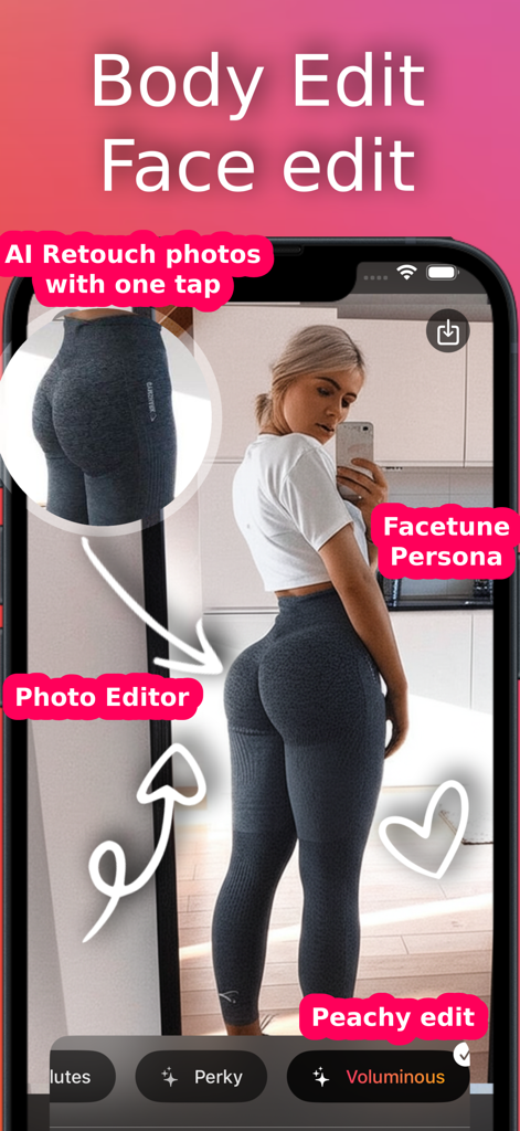 Body Editor Ai - Beauty Camera - Body Editor Ai app interface showing AI-powered glute and hip retouching on a mirror selfie.