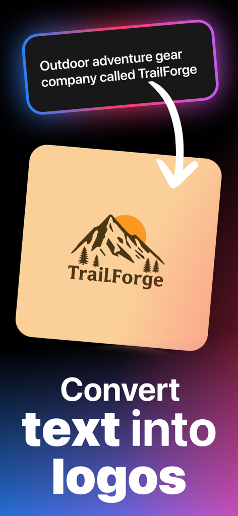 AI Logo Generator - LogoLab - A mobile app interface demonstrating how a text prompt converts into a professional mountain logo for an outdoor brand.