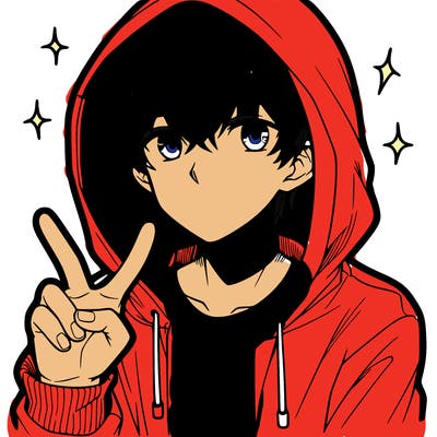 teenage manga boy in a hoodie, doing ✌