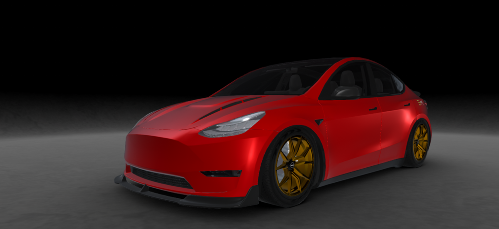 Electric Mods:EV Design Studio - Custom red Tesla Model 3 with gold wheels and racing stripes in a 3D EV design studio.